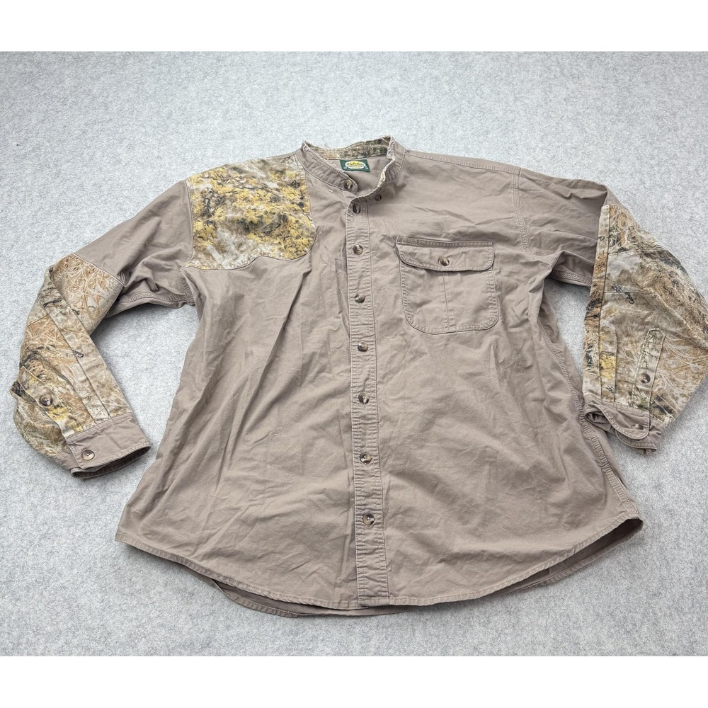 Cabelas Mens 2XL Beige Camo Band Collar Long Sleeve Hunting Shirt 942858